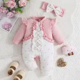 Combinaison Bébé  12-18 Mois,Manches Longues,Couleur Assortie,Adorable Nœud,Coton,Motif à Pois,Pour Ramper