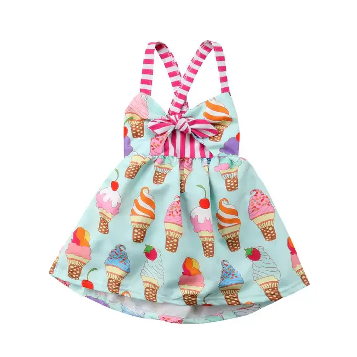 Robe Pour Fille à Bretelles Imprimées Crème Glacée,Robe Rose Mignonne Pour Enfant 9mois à 1an,Robe Ample,Articles De Haute Qualité, — image 2 sur 7