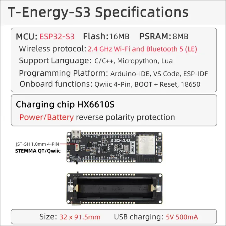 Lilygo T-energy-s3 : Carte De Développement Esp32-s3 Alimentée Par Batterie Wi-fi/bluetooth 5,Interface Qwiic Et Emplacement Pour Batterie 18650 Pour Projets Io