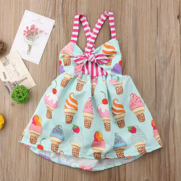 Robe Pour Fille à Bretelles Imprimées Crème Glacée,Robe Rose Mignonne Pour Enfant 9mois à 1an,Robe Ample,Articles De Haute Qualité, — image 4 sur 7