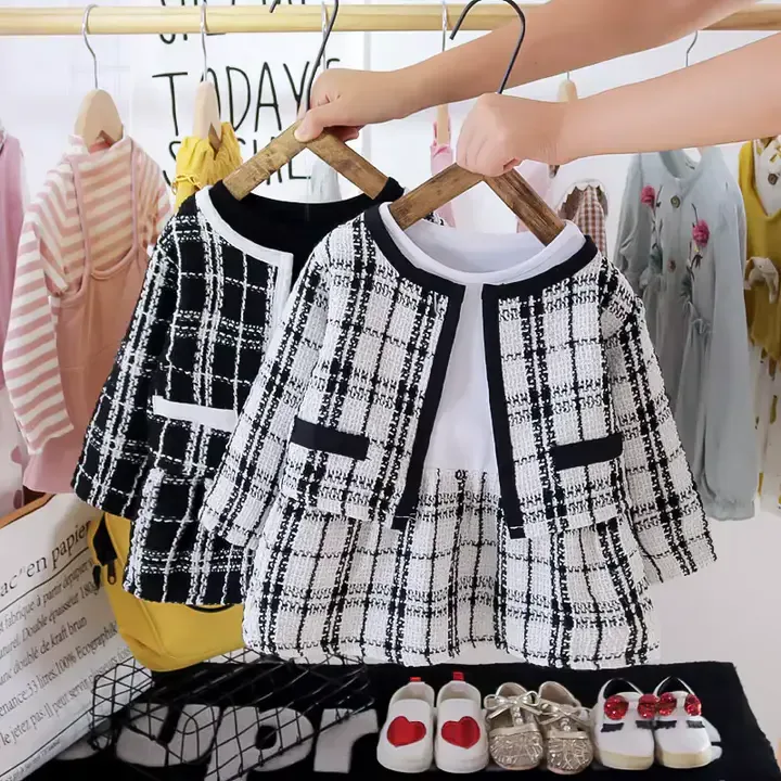 Ensemble élégant Veste Courte Et Robe Pour Filles,Motif Patchwork Doux,Vêtements Mélangés En Laine Peignée — image 3 sur 6