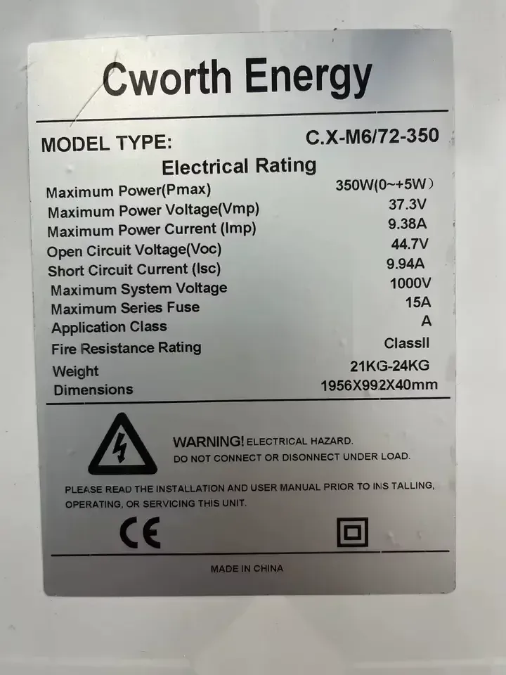 Panneaux Solaires  Monocristallin 350 Watt 40v, Cworth Energy