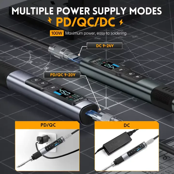 FNIRSI HS-02A Kit de fer à souder portable 100 W 100-450 ℃ 3 groupes de température préréglés, 3 pointes de soudure, outil numérique intelligent pour réparation de précision — image 4 sur 5