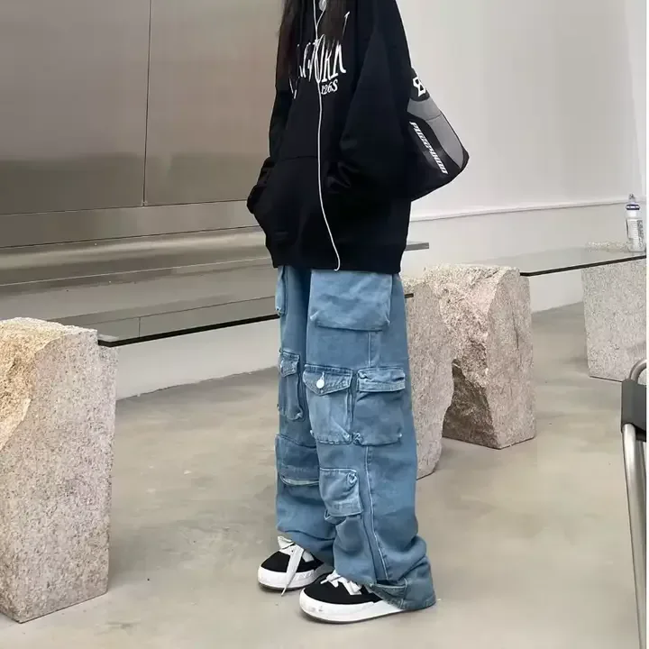 Jeans En Denim Ample Pour Femmes Grandes Poches Hip-hop Streetwear Fermeture éclair Bouton Pantalon Long Pantalon Mode Jeans Décontractés - Buy Denim Jeans For