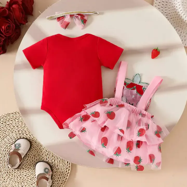 2025 été Infantile Filles Ensemble De Vêtements Couleur Unie Haut à Manches Courtes Et Imprimé Maille Ceinture Jupe Avec Bandeau 3 Pièces Bébé Vêtements - Buy 2 — image 4 sur 7