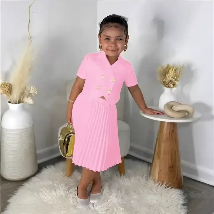 Ensemble De Vêtements Pour Filles,Jupe Plissée à Manches Courtes,Couleur Unie,Double Boutonnage,Vêtements Pour Enfants De Créateur De Mode - Buy Children Clothe — image 5 sur 7
