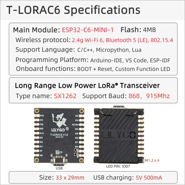 Module Principal Lora Lilygo T-lorac6 Esp32-c6 Sx1262 868mhz 915mhz Lorawan Carte De Développement Modules Rf Sans Fil Longue Portée Basse Consommation - Buy Es — image 6 sur 6