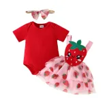 2025 été Infantile Filles Ensemble De Vêtements Couleur Unie Haut à Manches Courtes Et Imprimé Maille Ceinture Jupe Avec Bandeau 3 Pièces Bébé Vêtements - Buy 2