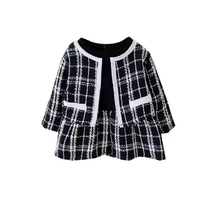 Ensemble élégant Veste Courte Et Robe Pour Filles,Motif Patchwork Doux,Vêtements Mélangés En Laine Peignée — image 1 sur 6