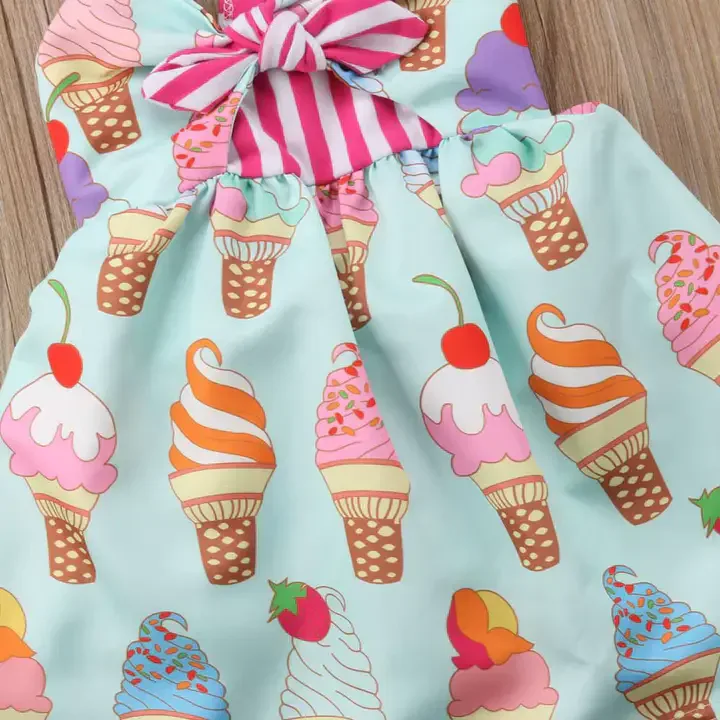 Robe Pour Fille à Bretelles Imprimées Crème Glacée,Robe Rose Mignonne Pour Enfant 9mois à 1an,Robe Ample,Articles De Haute Qualité, — image 5 sur 7