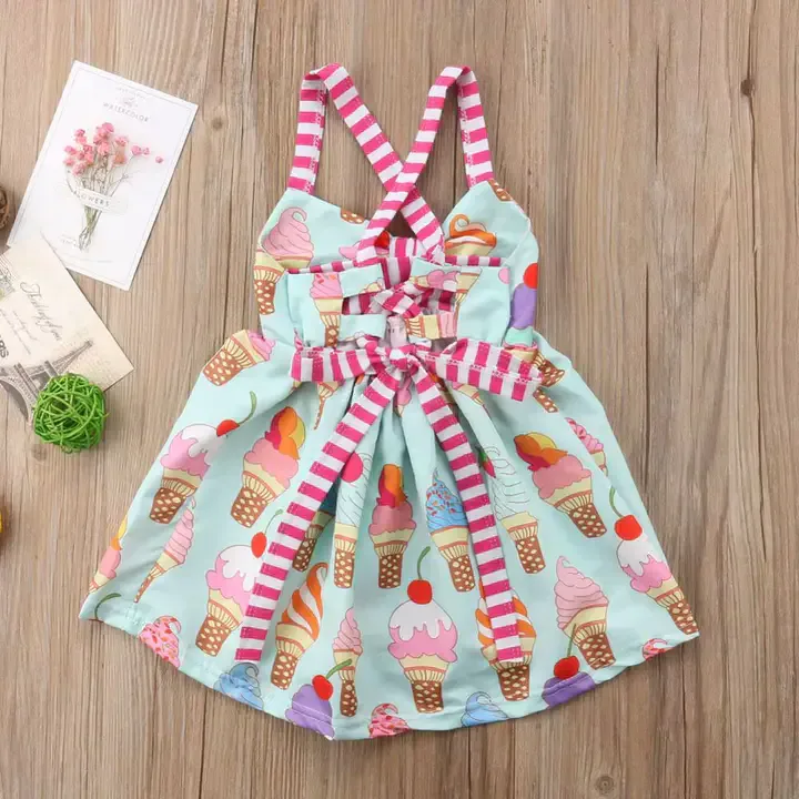 Robe Pour Fille à Bretelles Imprimées Crème Glacée,Robe Rose Mignonne Pour Enfant 9mois à 1an,Robe Ample,Articles De Haute Qualité, — image 6 sur 7