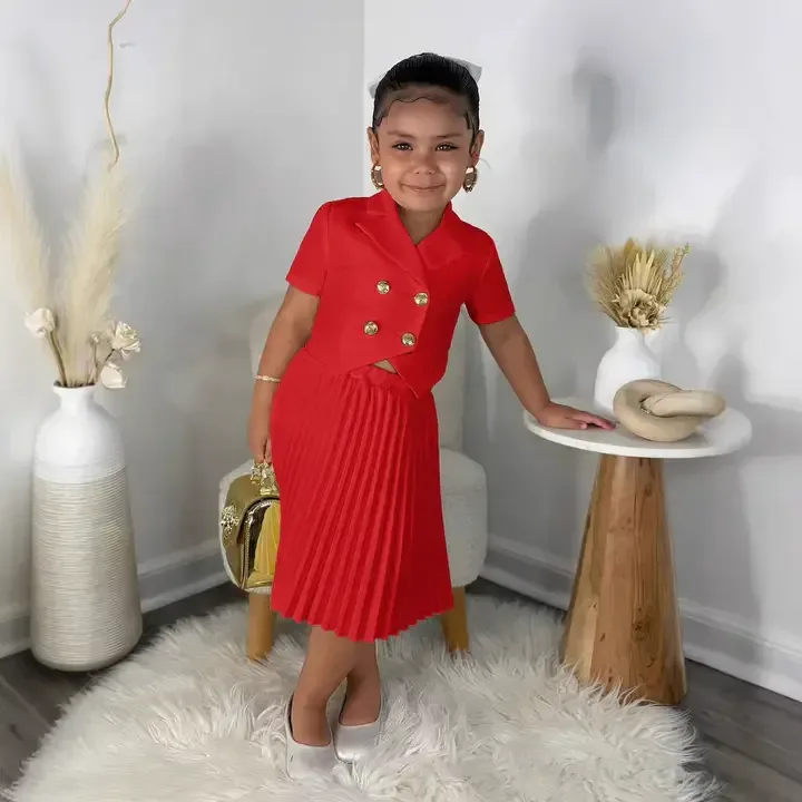 Ensemble De Vêtements Pour Filles,Jupe Plissée à Manches Courtes,Couleur Unie,Double Boutonnage,Vêtements Pour Enfants De Créateur De Mode - Buy Children Clothe — image 6 sur 7