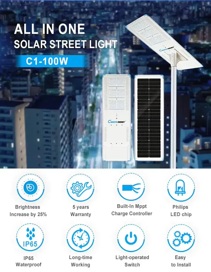 Lampadaire Solaire Cworth Energy  Tout-en-un Haute Qualité Ip65 100w