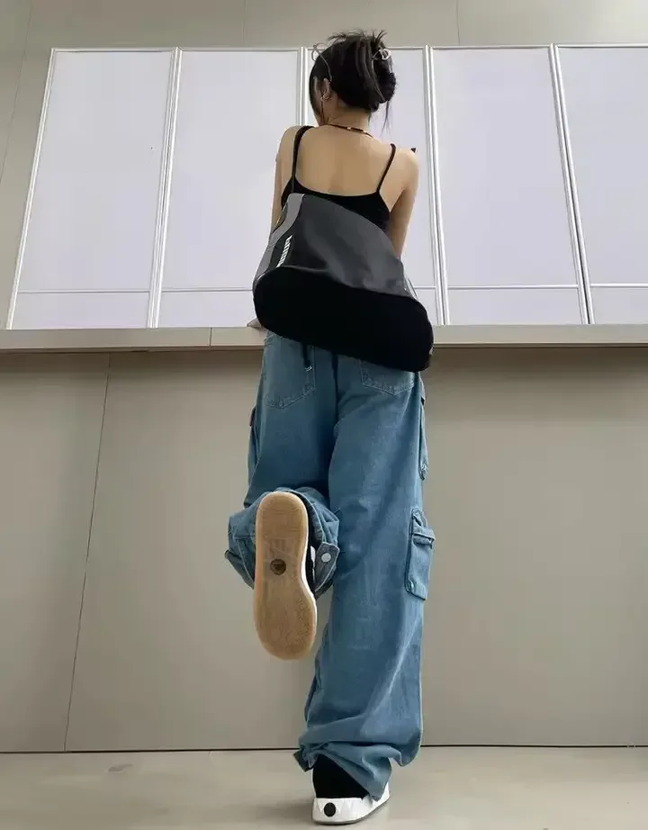 Jeans En Denim Ample Pour Femmes Grandes Poches Hip-hop Streetwear Fermeture éclair Bouton Pantalon Long Pantalon Mode Jeans Décontractés - Buy Denim Jeans For