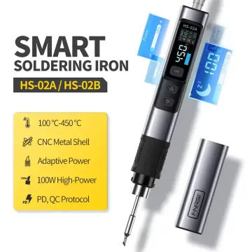 FNIRSI HS-02A Kit de fer à souder portable 100 W 100-450 ℃ 3 groupes de température préréglés, 3 pointes de soudure, outil numérique intelligent pour réparation de précision