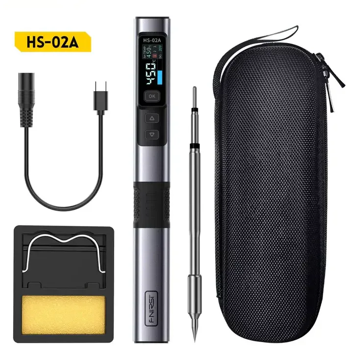FNIRSI HS-02A Kit de fer à souder portable 100 W 100-450 ℃ 3 groupes de température préréglés, 3 pointes de soudure, outil numérique intelligent pour réparation de précision