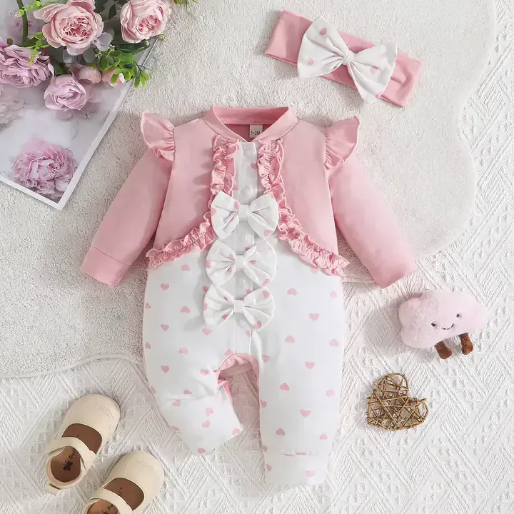 Combinaison Bébé  12-18 Mois,Manches Longues,Couleur Assortie,Adorable Nœud,Coton,Motif à Pois,Pour Ramper
