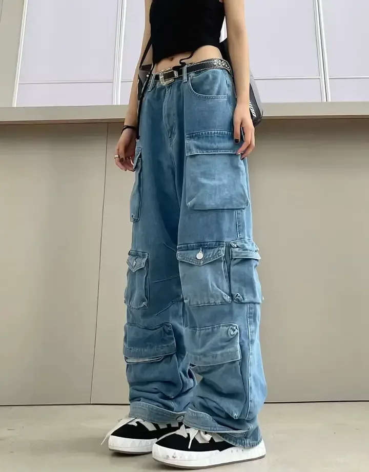 Jeans En Denim Ample Pour Femmes Grandes Poches Hip-hop Streetwear Fermeture éclair Bouton Pantalon Long Pantalon Mode Jeans Décontractés - Buy Denim Jeans For