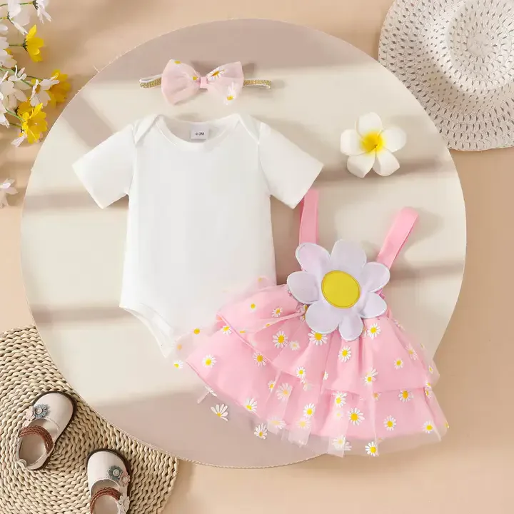 2025 été Infantile Filles Ensemble De Vêtements Couleur Unie Haut à Manches Courtes Et Imprimé Maille Ceinture Jupe Avec Bandeau 3 Pièces Bébé Vêtements - Buy 2 — image 3 sur 7
