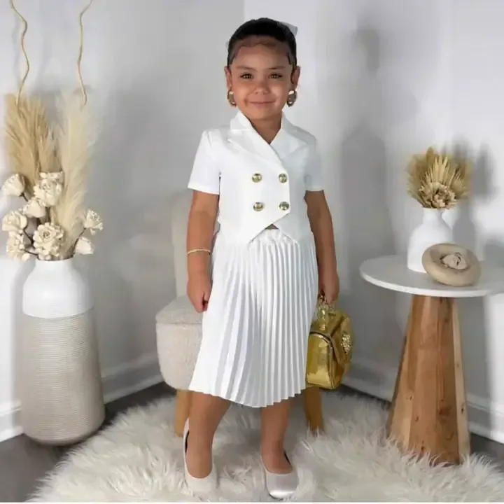 Ensemble De Vêtements Pour Filles,Jupe Plissée à Manches Courtes,Couleur Unie,Double Boutonnage,Vêtements Pour Enfants De Créateur De Mode - Buy Children Clothe — image 4 sur 7