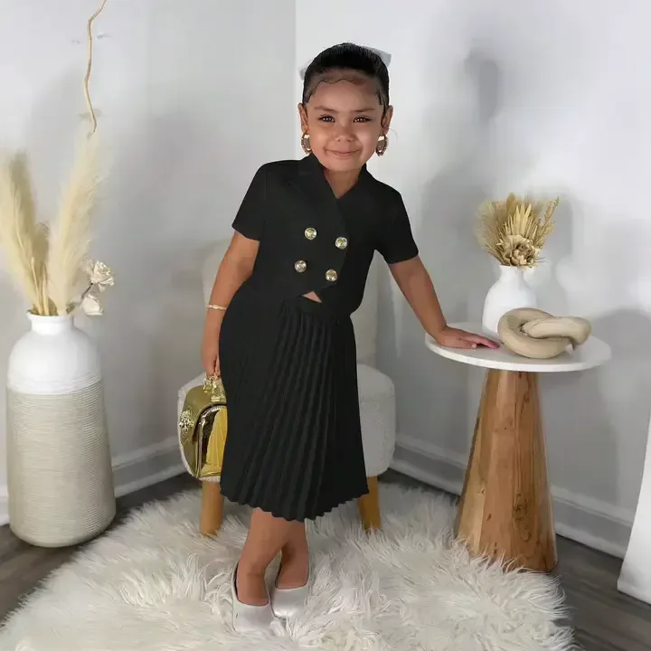 Ensemble De Vêtements Pour Filles,Jupe Plissée à Manches Courtes,Couleur Unie,Double Boutonnage,Vêtements Pour Enfants De Créateur De Mode - Buy Children Clothe — image 7 sur 7
