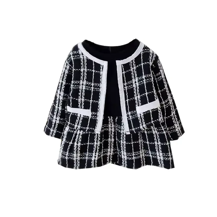 Ensemble élégant Veste Courte Et Robe Pour Filles,Motif Patchwork Doux,Vêtements Mélangés En Laine Peignée — image 2 sur 6