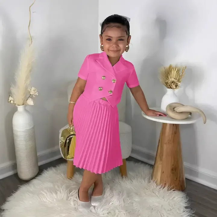 Ensemble De Vêtements Pour Filles,Jupe Plissée à Manches Courtes,Couleur Unie,Double Boutonnage,Vêtements Pour Enfants De Créateur De Mode - Buy Children Clothe — image 3 sur 7