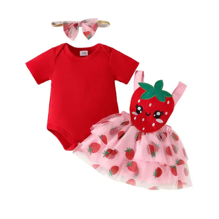 2025 été Infantile Filles Ensemble De Vêtements Couleur Unie Haut à Manches Courtes Et Imprimé Maille Ceinture Jupe Avec Bandeau 3 Pièces Bébé Vêtements - Buy 2 — image 6 sur 7