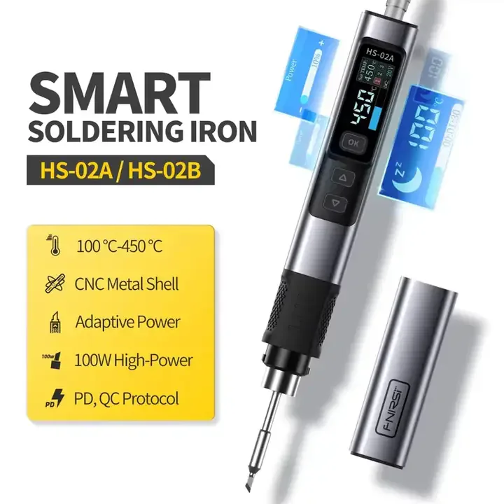 FNIRSI HS-02A Kit de fer à souder portable 100 W 100-450 ℃ 3 groupes de température préréglés, 3 pointes de soudure, outil numérique intelligent pour réparation de précision