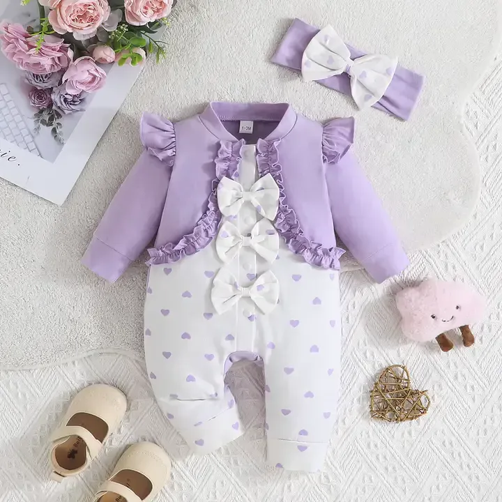 Combinaison Bébé  12-18 Mois,Manches Longues,Couleur Assortie,Adorable Nœud,Coton,Motif à Pois,Pour Ramper